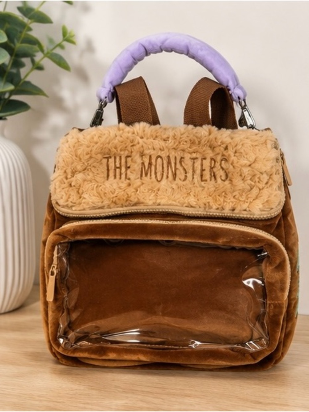 THE MONSTERS Plush Brown Velvet Mini Backpack with Clear Front Pocket